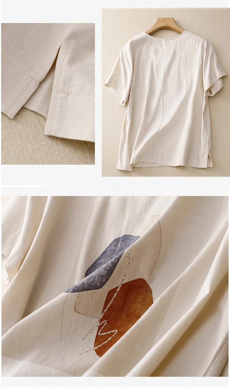 Summer cotton and linen printed short sleeves