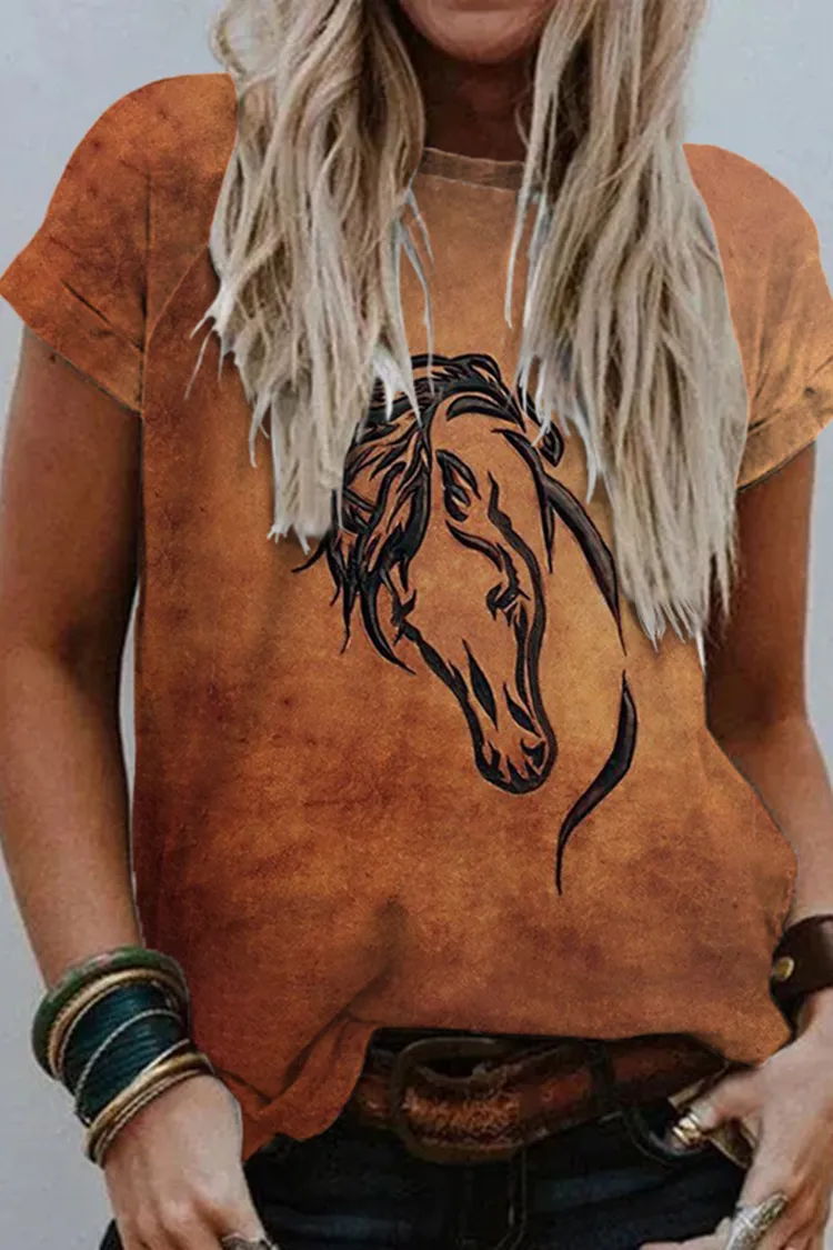 Western Horse Printed Round Neck Short Sleeve T-Shirt