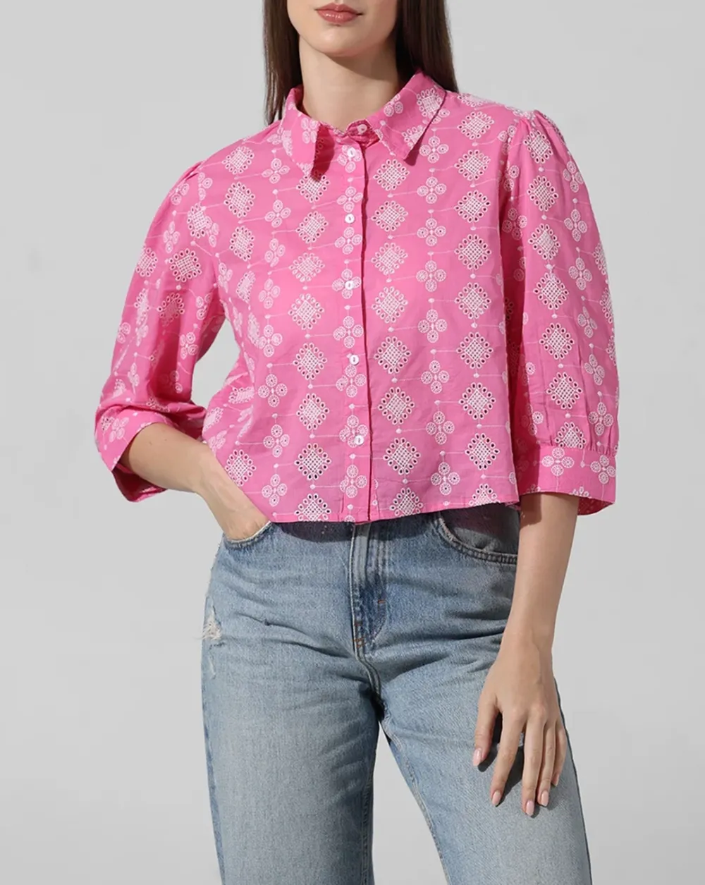 Pink Abstract Print Schiffli Shirt