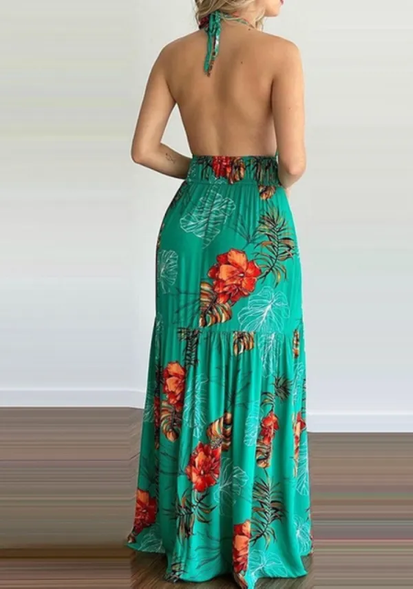 Women Summer Light Green Sexy Halter Sleeveless Floral Print Backless Holidays Long Dress