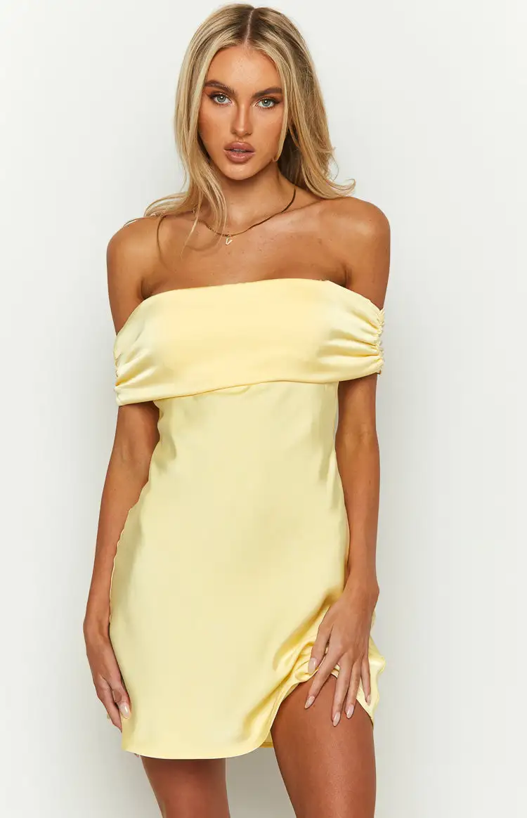 Primrose Yellow Satin Off the Shoulder Mini Dress