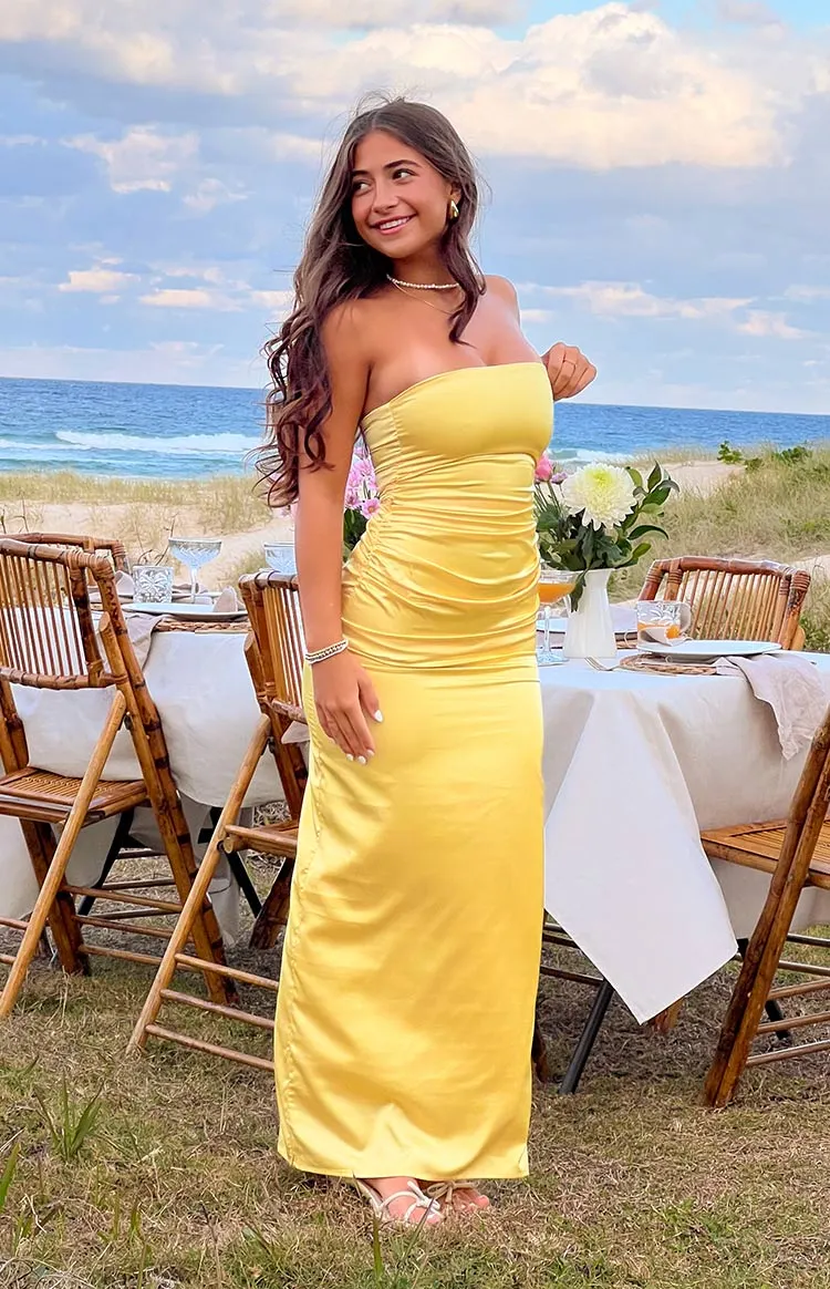 Yellow Bloom Satin Strapless Maxi Dress