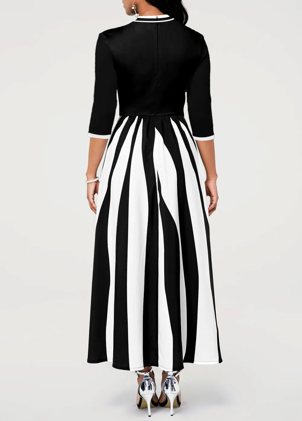 Geometric Print Pocket White Tie Collar Maxi Dress