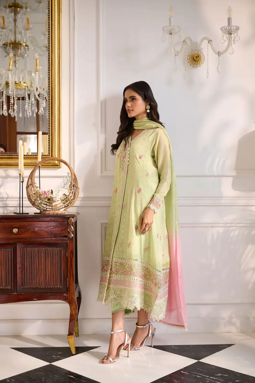 LIGHT GREEN 3PCS  EMBROIDERED KURTA WITH TROUSER