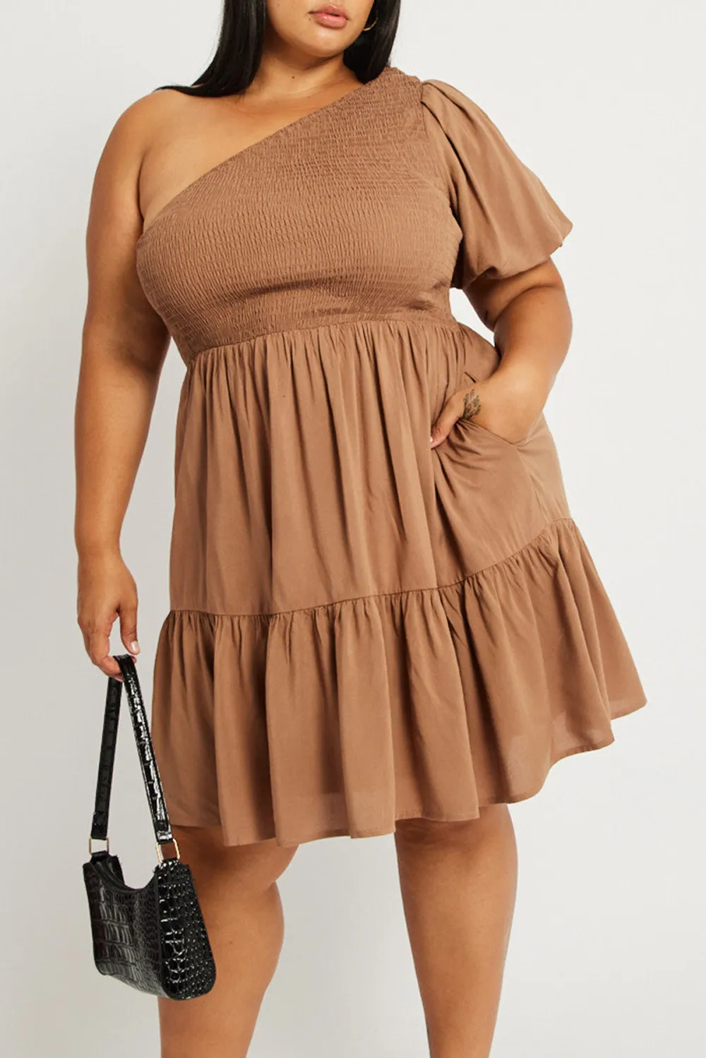 Brown One Shoulder Dress Shirred Bodice Pockets