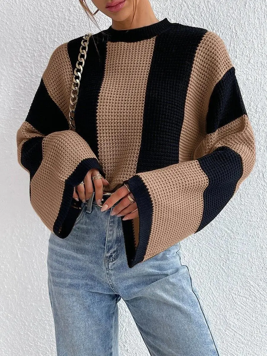 Wide vertical stripe bell sleeve pullover sweater