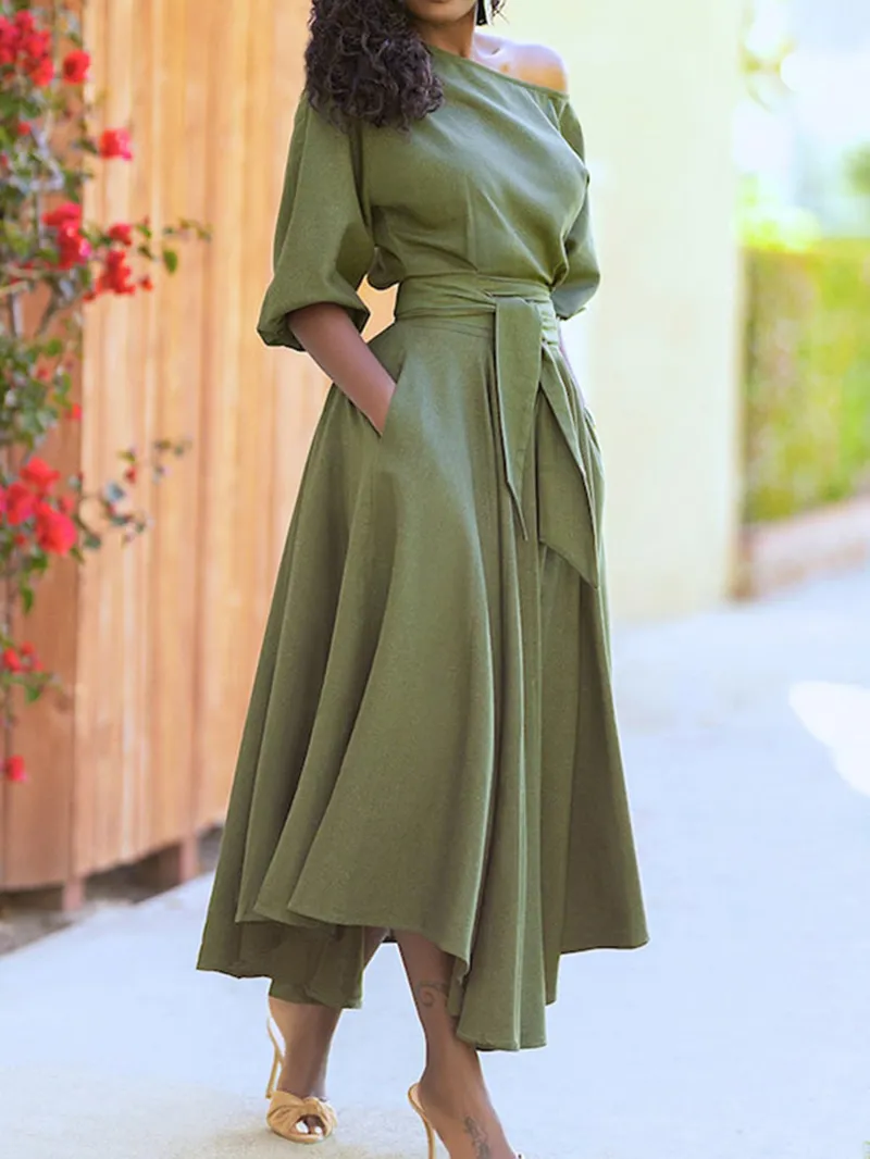 Solid Tie Pocket Long Sleeve Dress