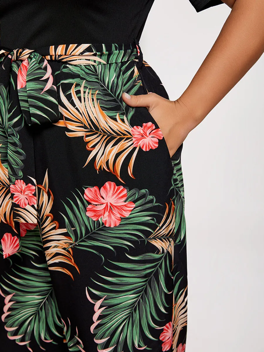 Plus Tropical Print Square Neck Belted Jumpsuit