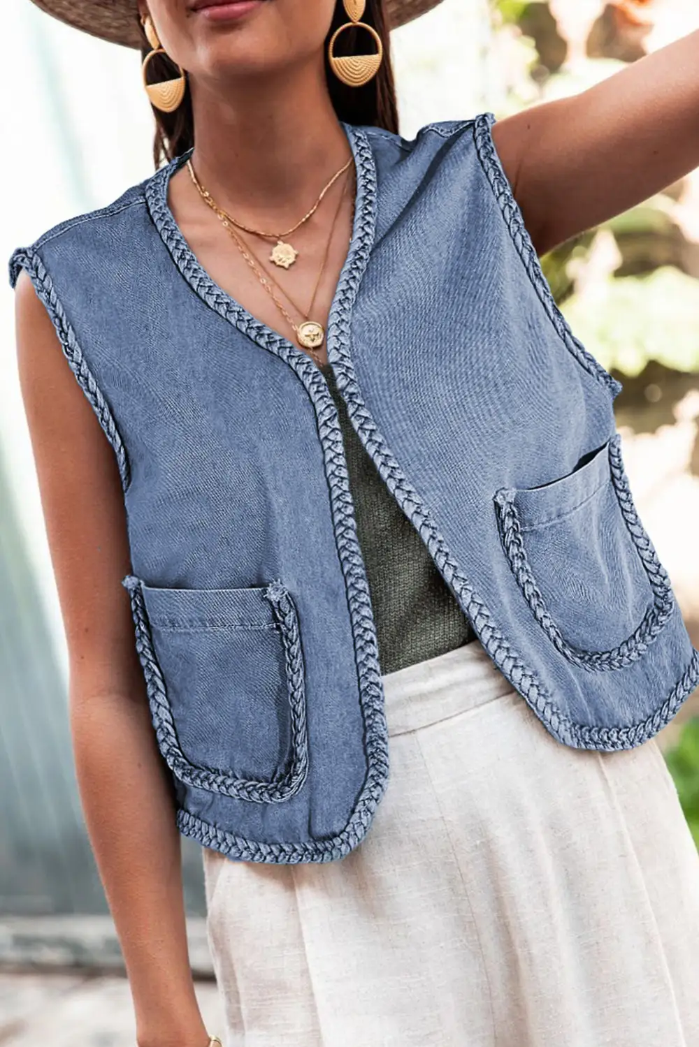 Ashleigh Blue Braided Trim Pocketed Denim Vest