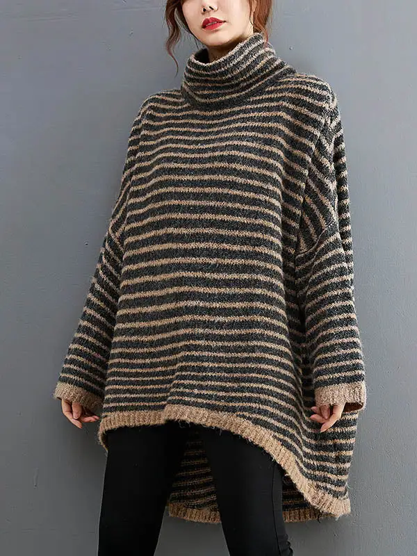 Loose Striped High-Low Heaps Collar Long Sleeves Knitwear