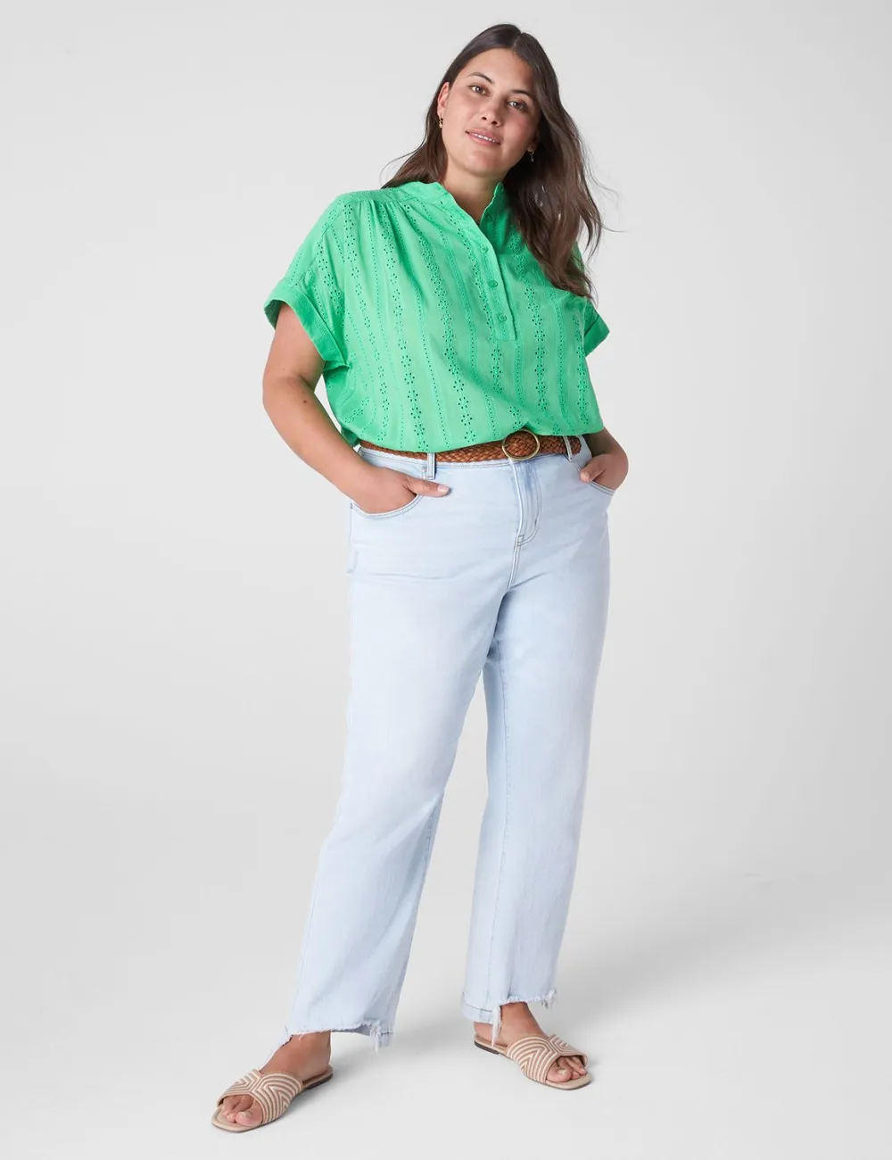 Short-Sleeve Eyelet Popover Blouse