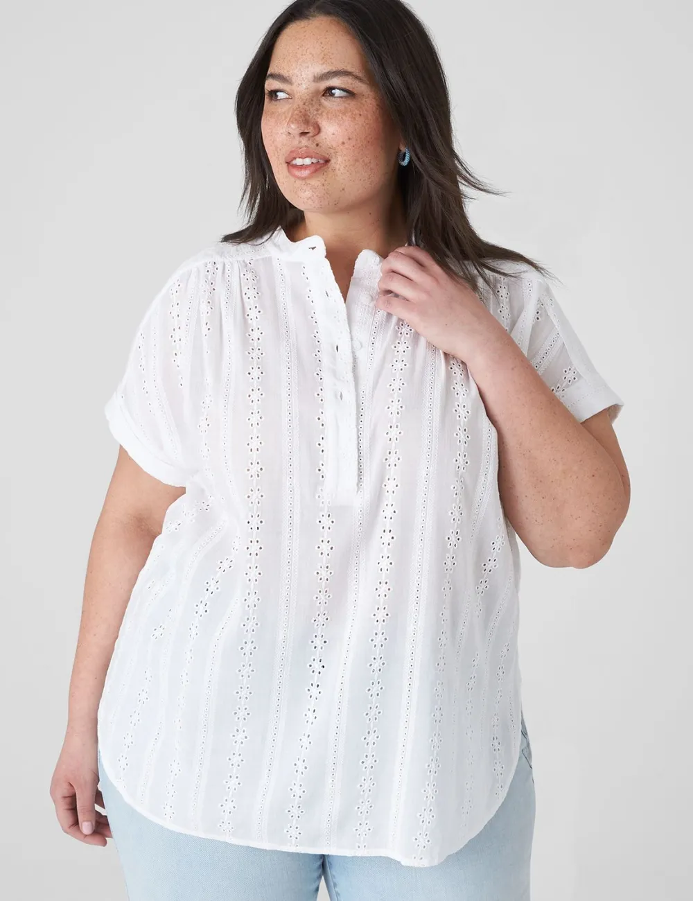 Short-Sleeve Eyelet Popover Blouse