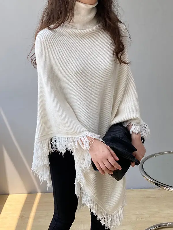 Casual Loose Tasseled Solid Color High-Neck Sweater Tops