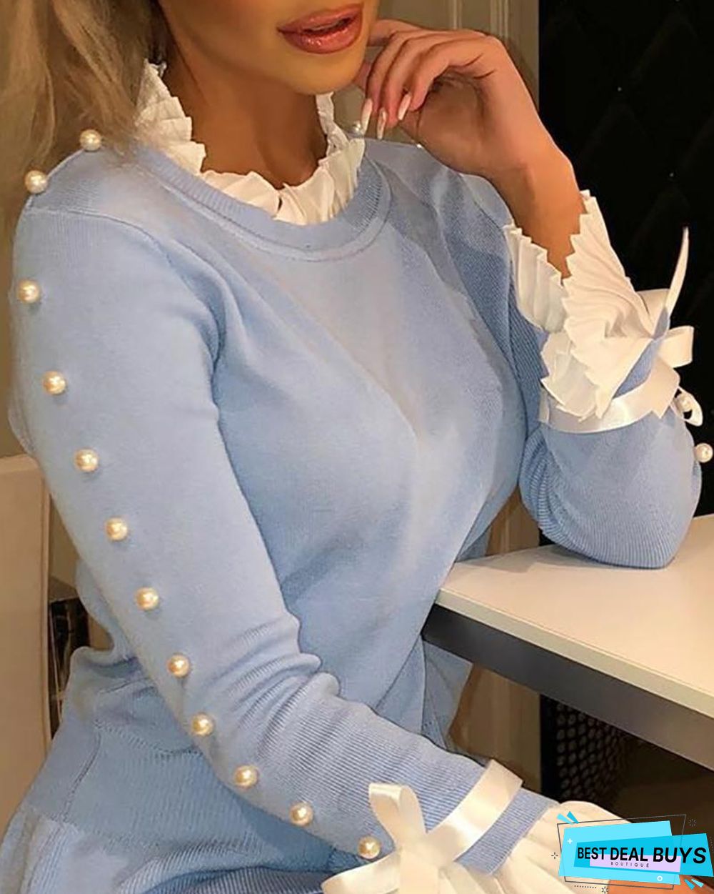 Bowknot Decor Beaded Frill Hem Bell Sleeve Top