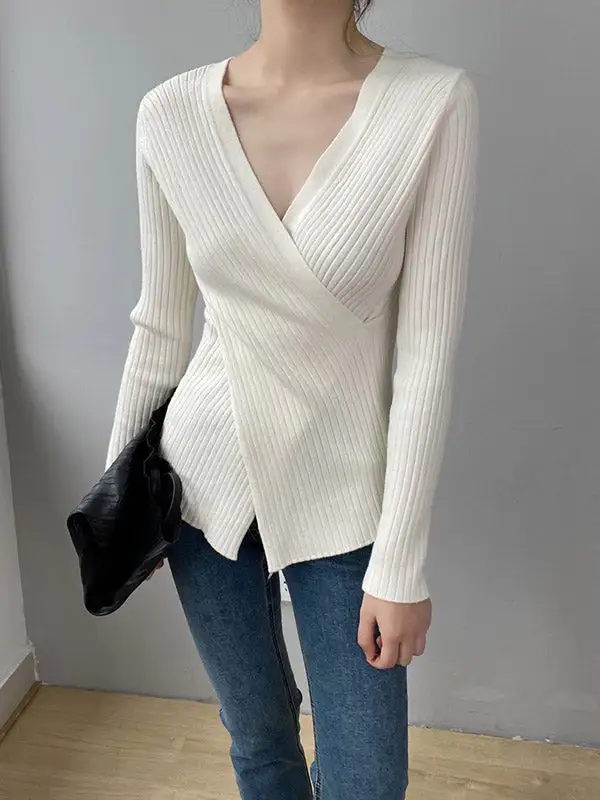 Chic Simple 5 Colors Split-Front V-Neck Long Sleeves Knitted Sweater Tops