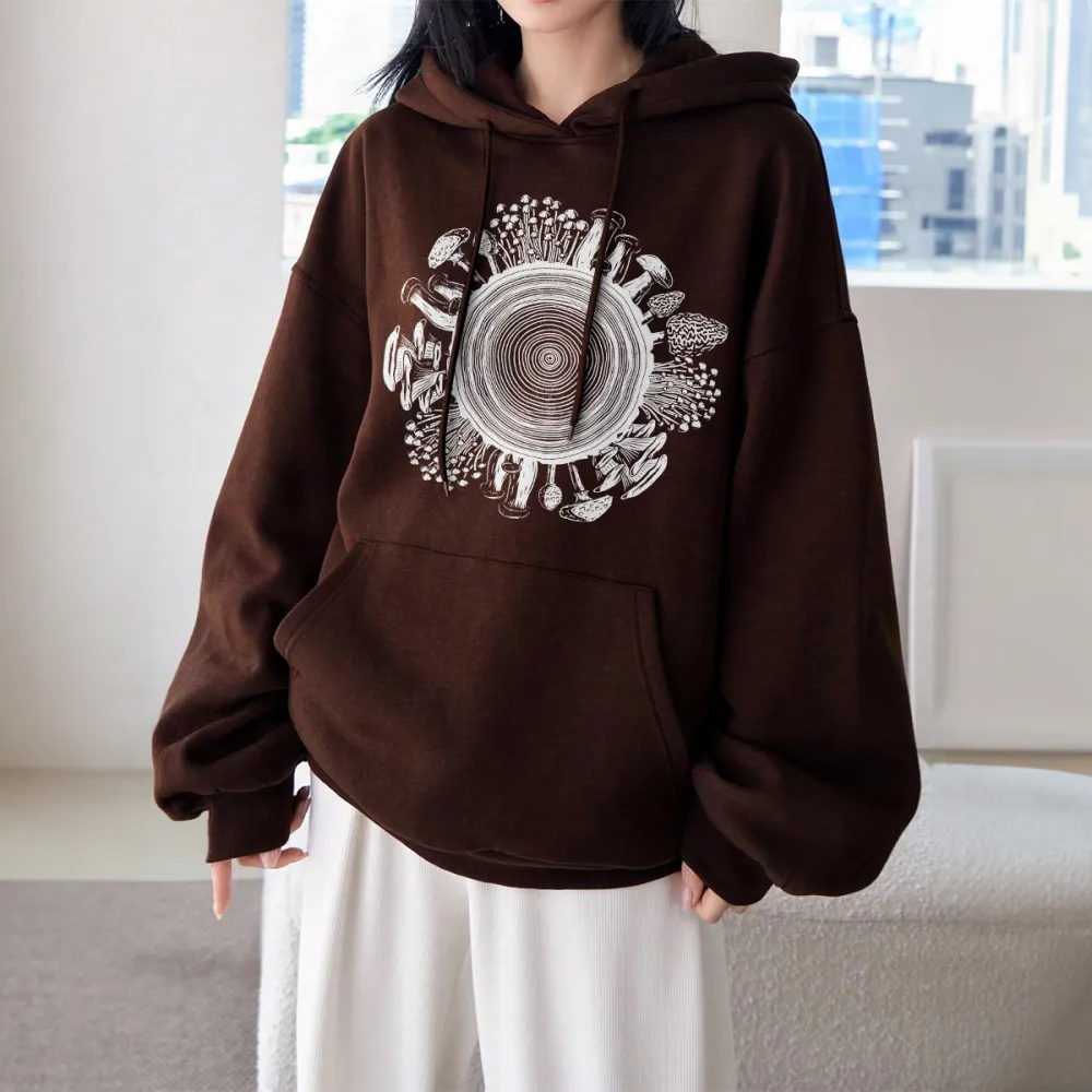 WOOD GRAIN MUSHROOMSPATTERN PRINTED HOODIE