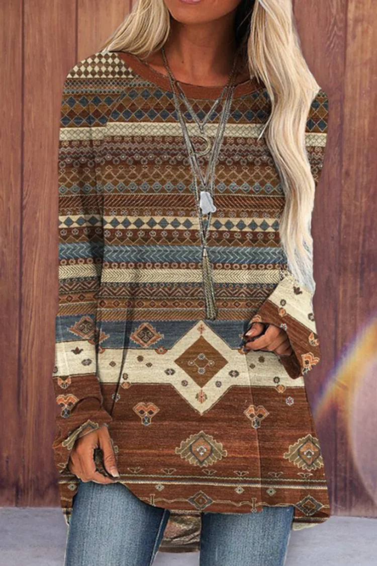 Vintage Western Print Crew Neck Casual Tunic