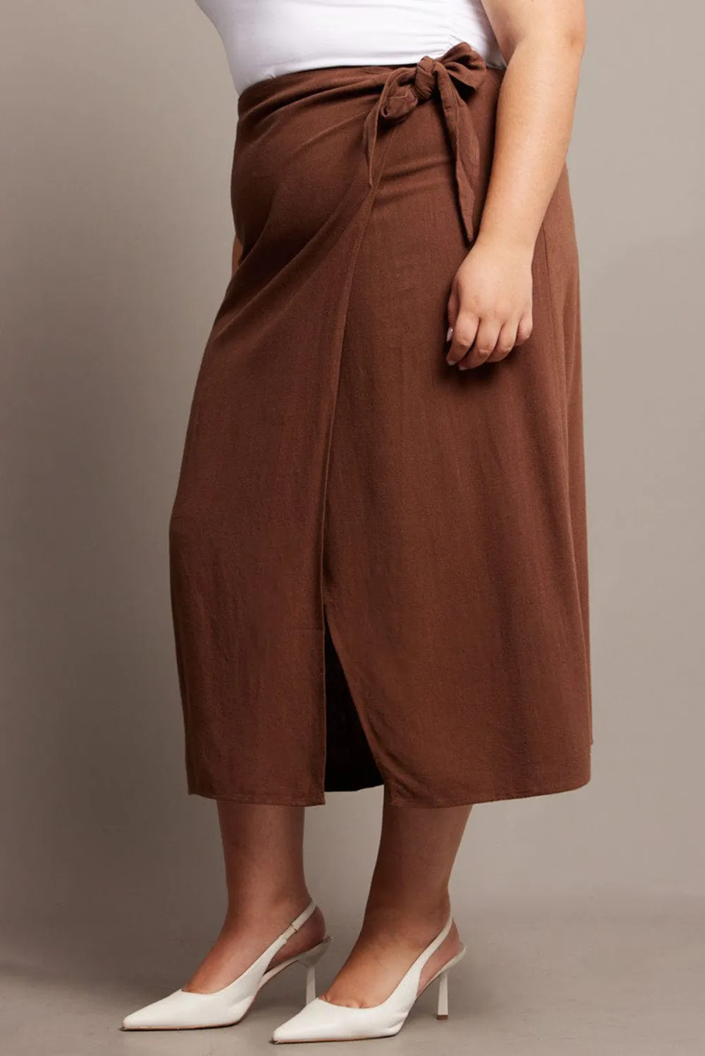 Brown Faux Wrap Linen Blend Midi Skirt