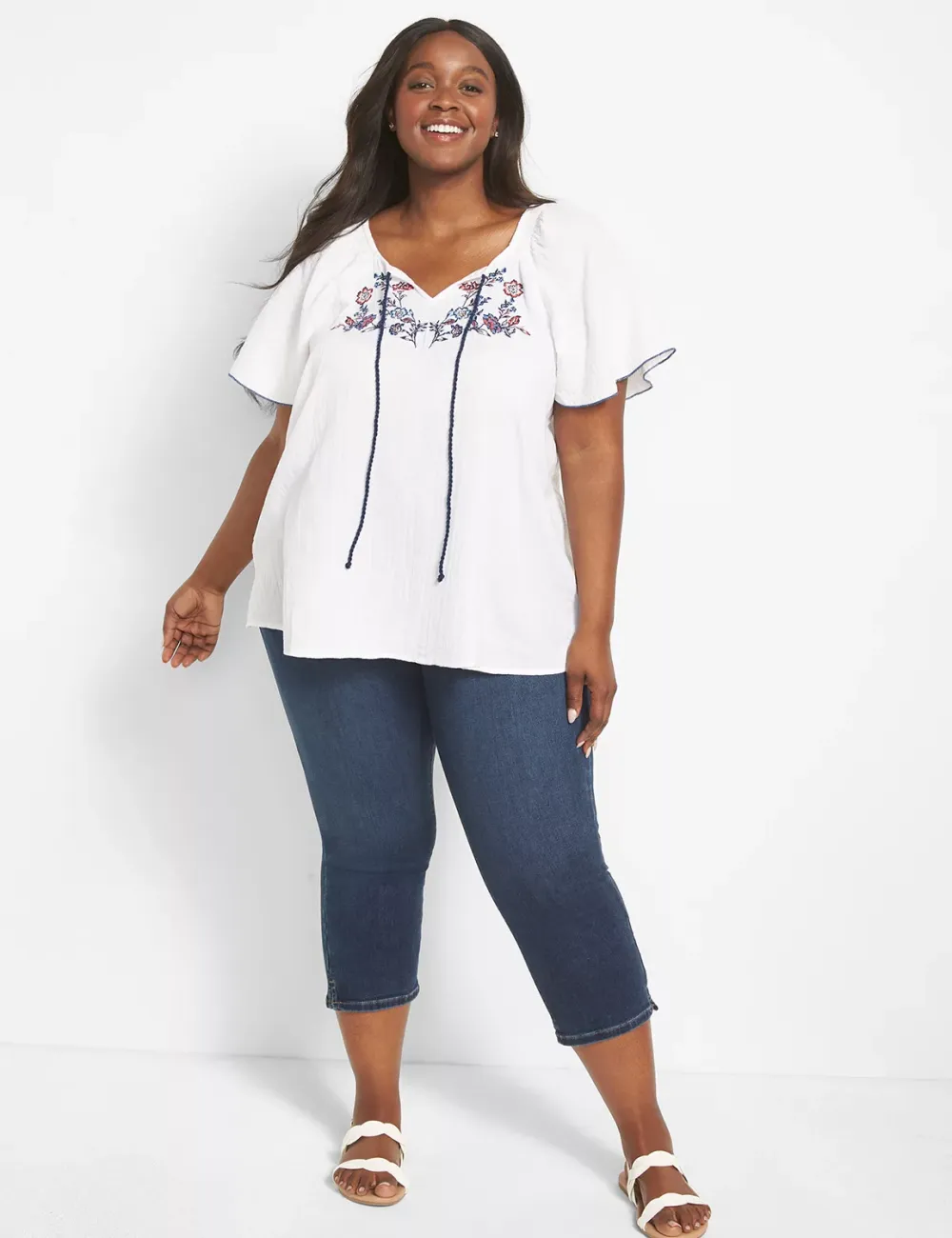 Classic Short-Sleeve Split-Neck Embroidered Top