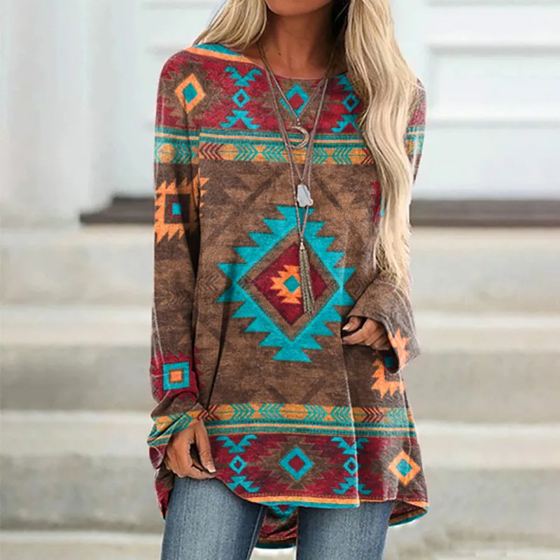 Western Print Casual Crew Neck Long Sleeve Tunic