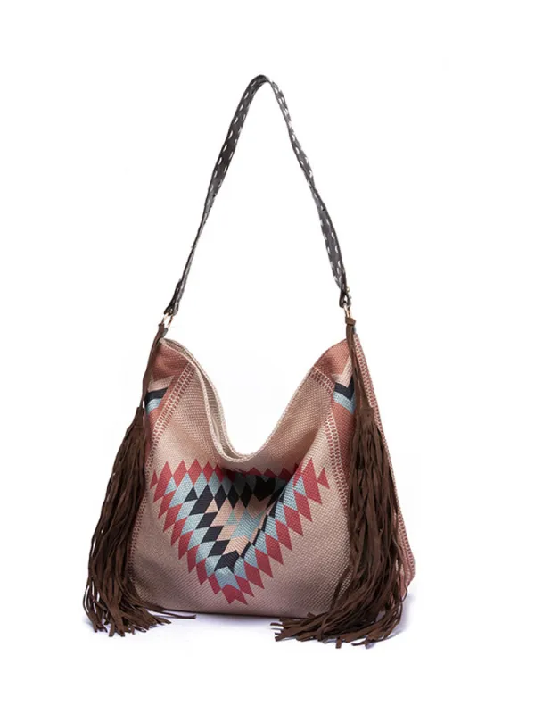 Women's Retro Ethnic Style Printed Tassel Shoulder Bag