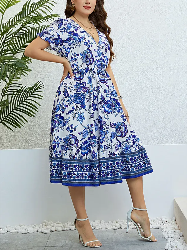 Plus Blue Floral Puff Sleeve Ruffle Hem Elastic Waist Midi Dress