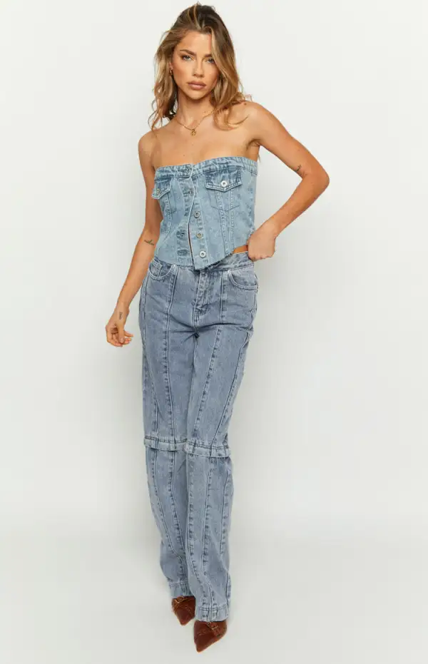 Wilma Mid Wash Denim Button Top