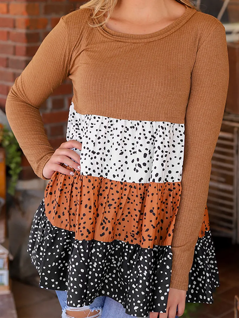 Brown round neck casual top with polka dot ruffle stitching