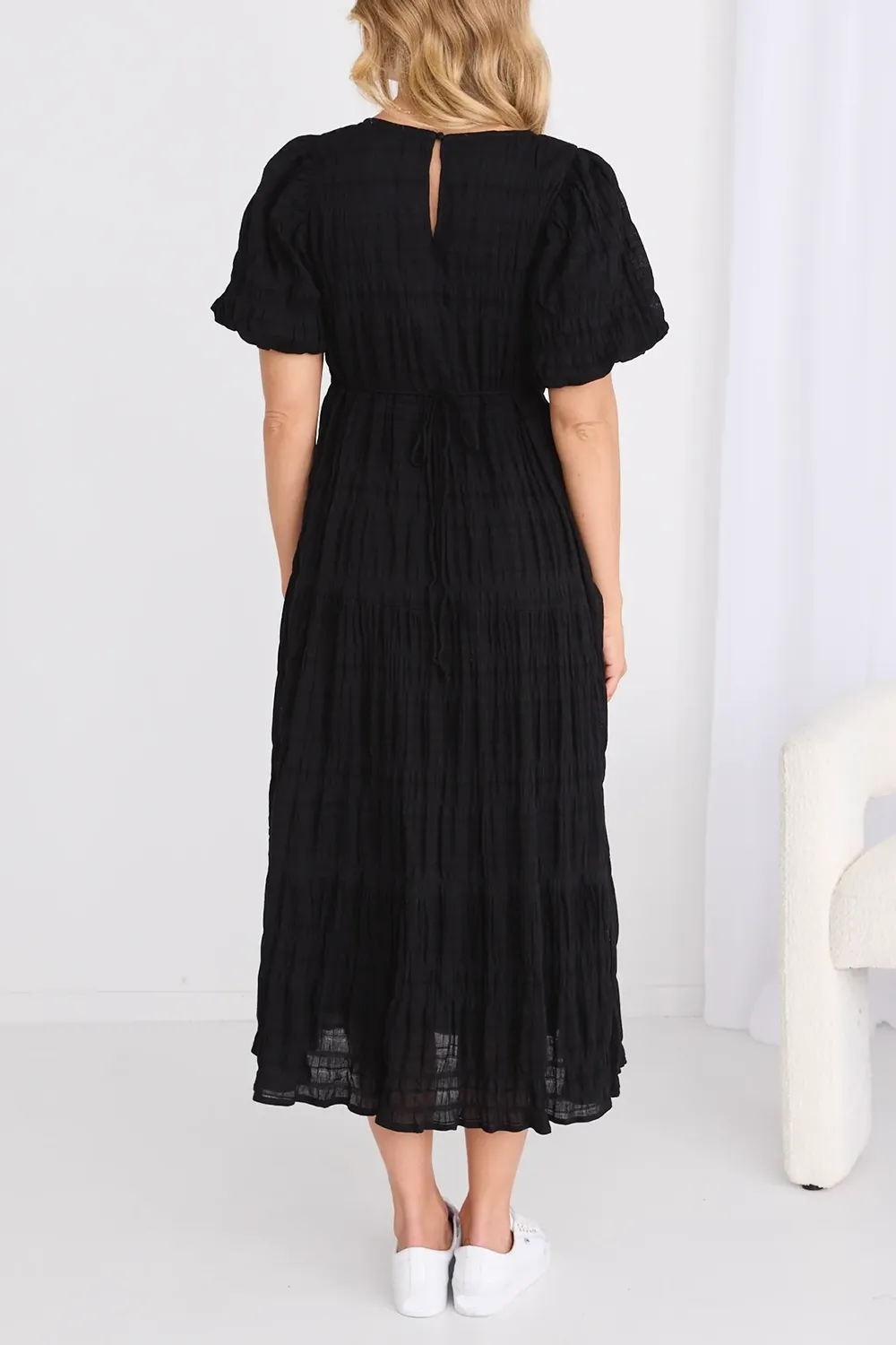 Graceful Black Shirred Cotton Bubble Sleeve Tiered Maxi Dress