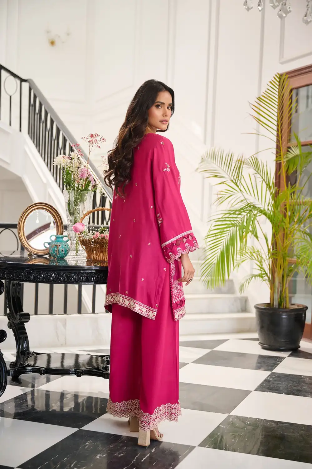 PINK 3PCS  EMBROIDERED KURTA WITH TROUSER