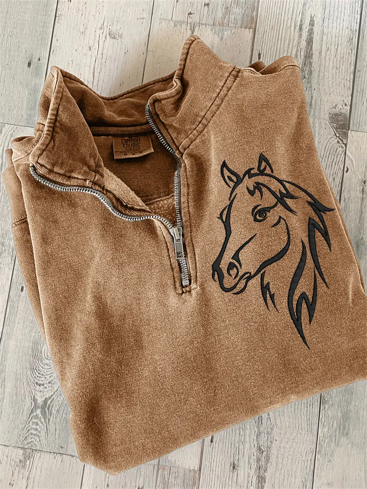 Horse Embroidery Art Zip Up Sweatshirt