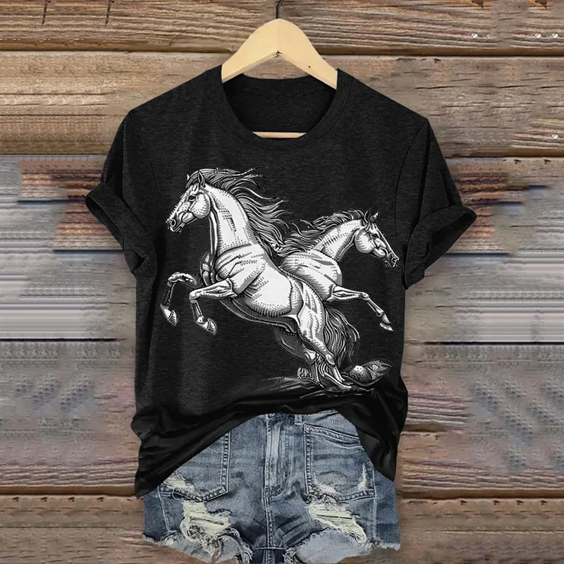 Women'S Vintage Western Horse Print Casual T-Shirt