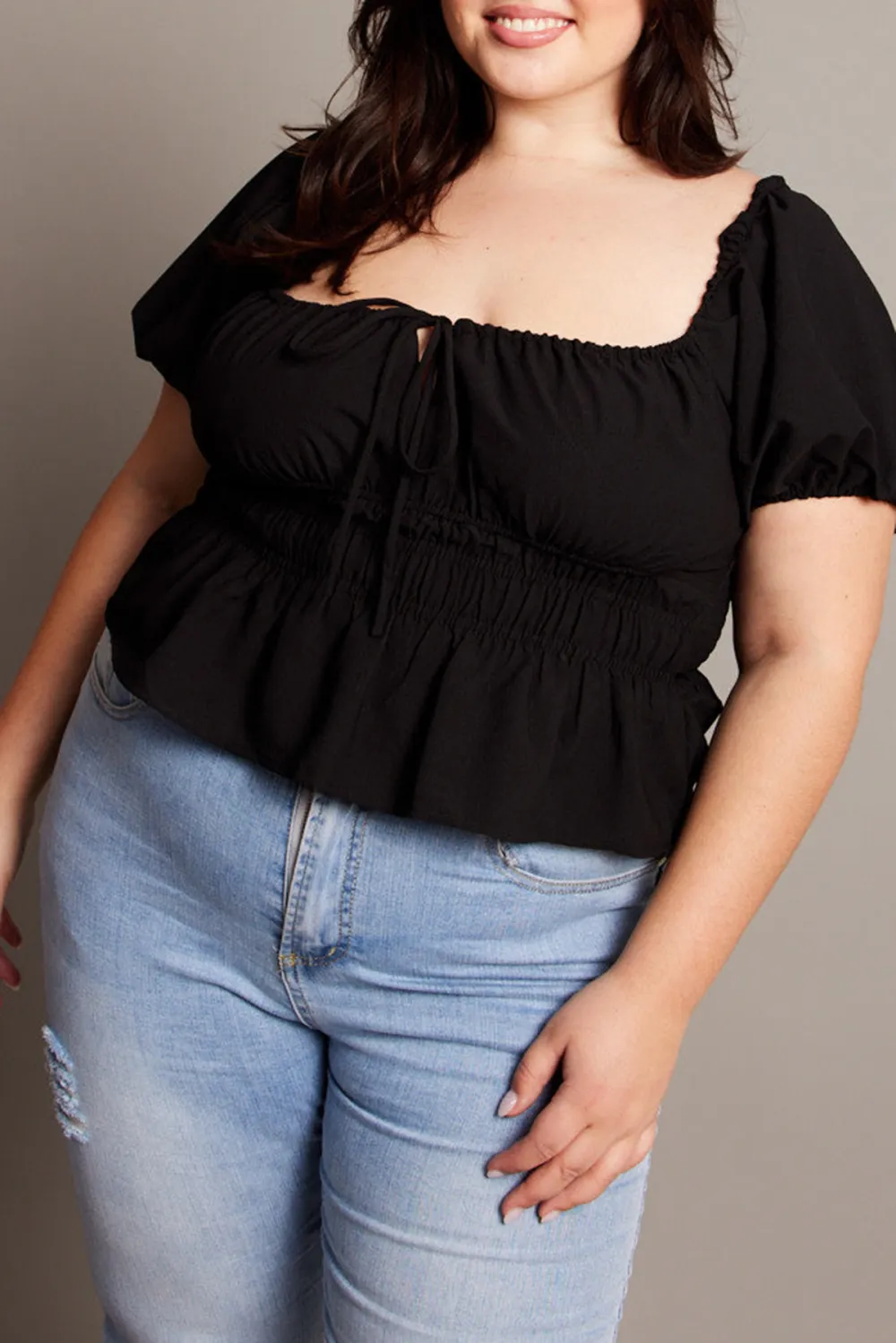 Black Peplum Top Short Sleeve Ruched Bust