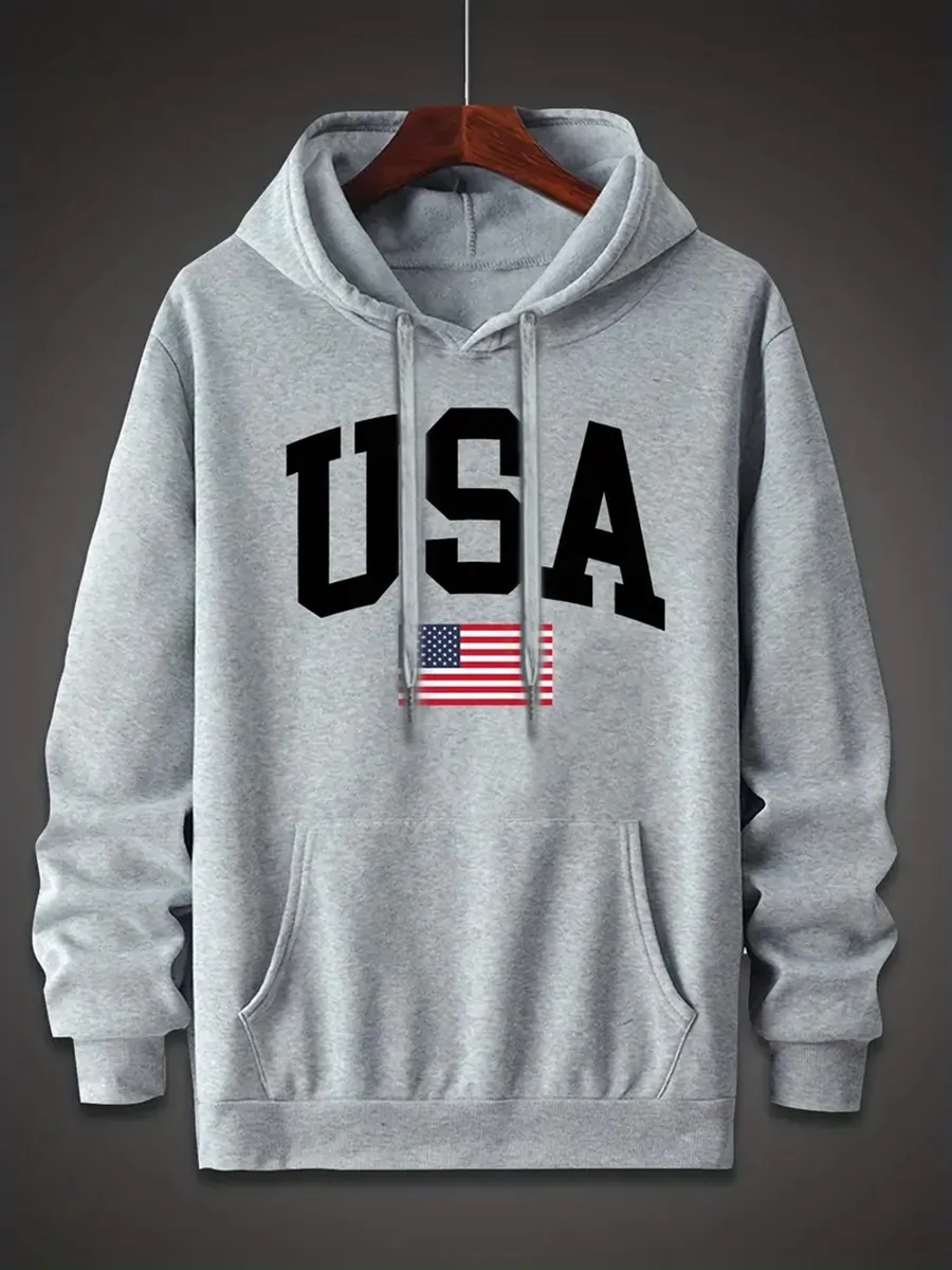 USA Print Kangaroo Pocket Hoodie, Casual Long Sleeve Hoodies Pullover Sweatshirt, Men's Clothing, For Fall Winter