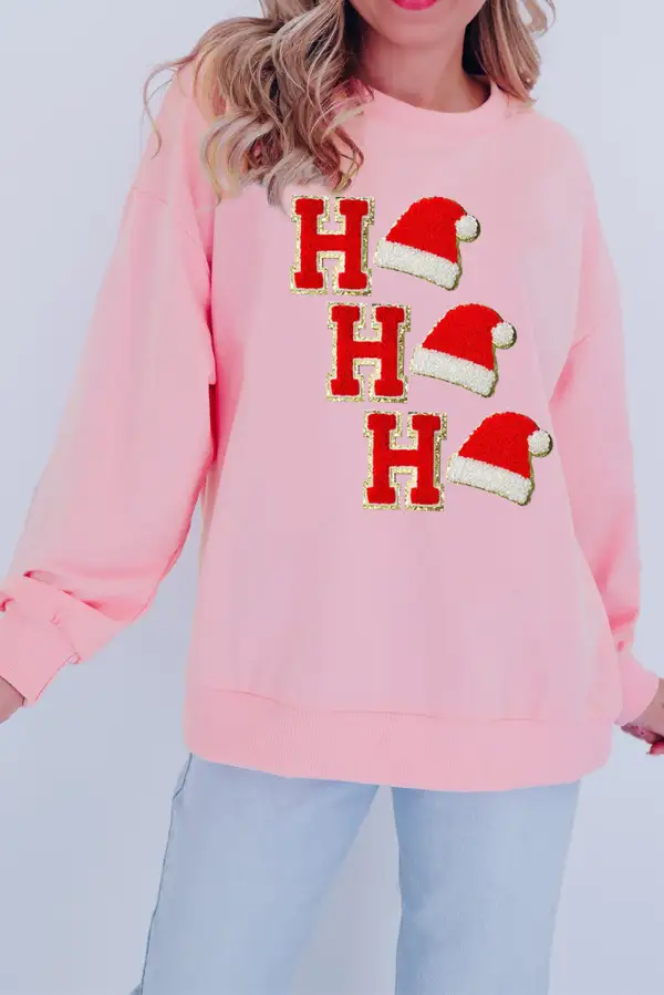 Light Pink Sequin Christmas Hat HO HO HO Graphic Pullover Sweatshirt