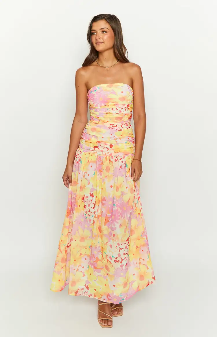 Sinclair Yellow Floral Print Strapless Maxi Dress