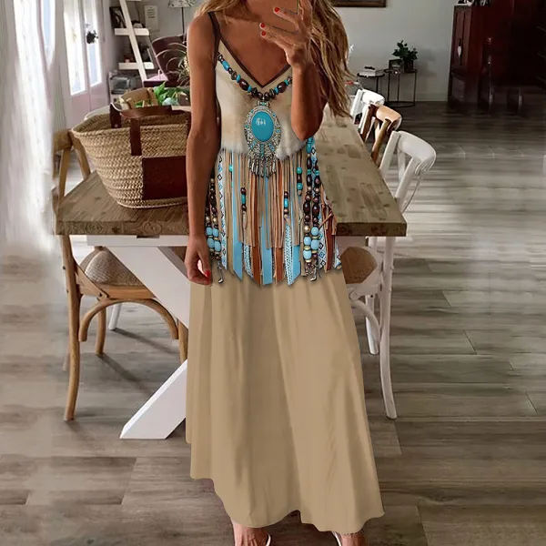 Western Tribal Tassel Turquoise Print V Neck Maxi Dress