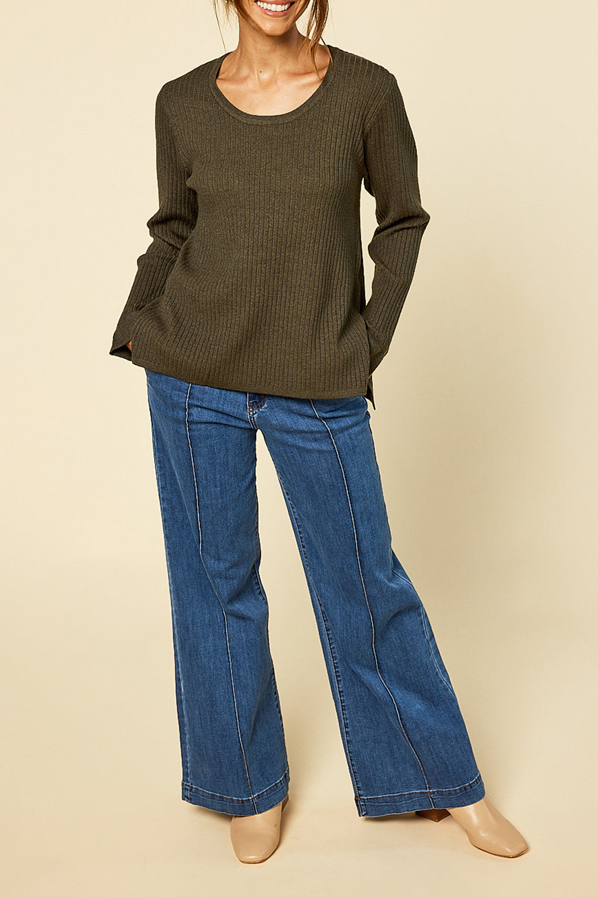 Long Sleeve Knitted Top In Khaki