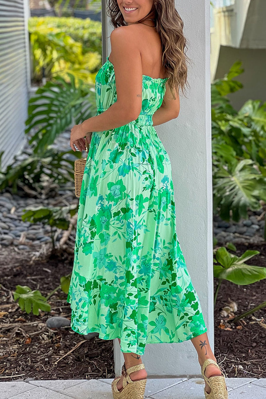 Green Floral Print High Low Dress