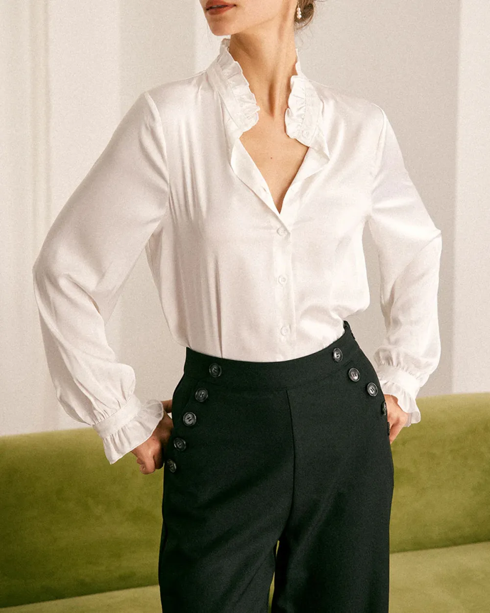 The White Mock Neck Ruffled Satin Shirt