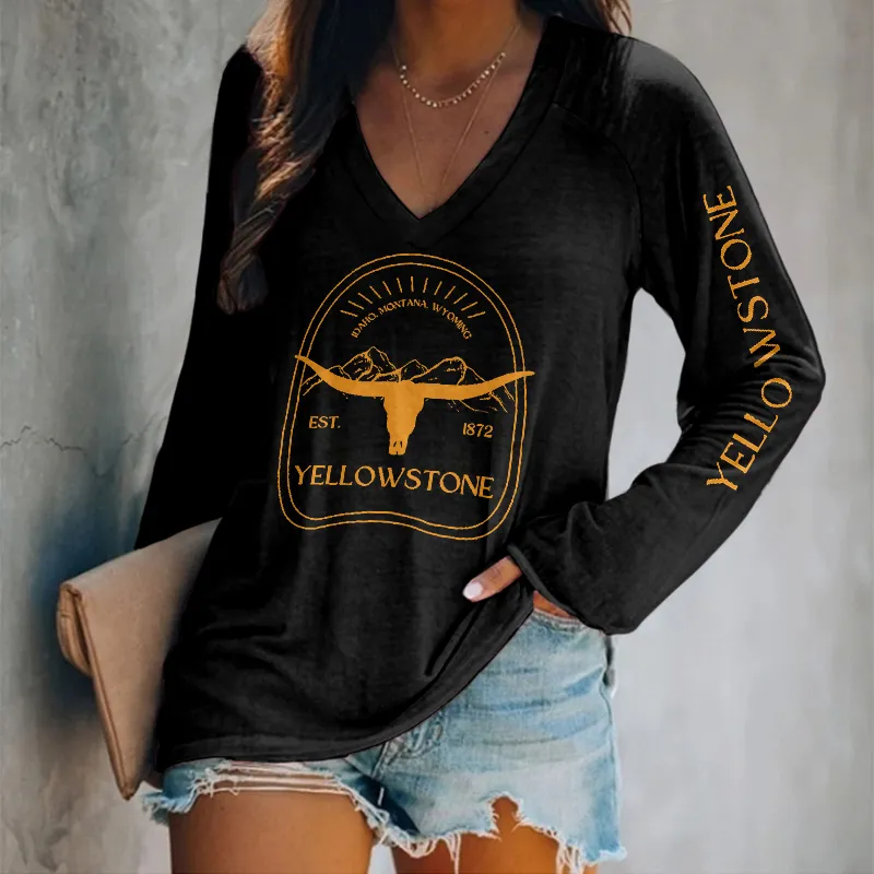 Western Print V Neck Long Sleeve Casual T-Shirt