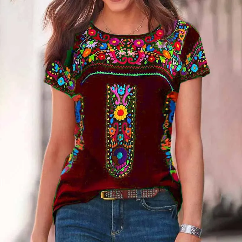 Retro Round Neck Tribal Printed Short Sleeve T-Shirt