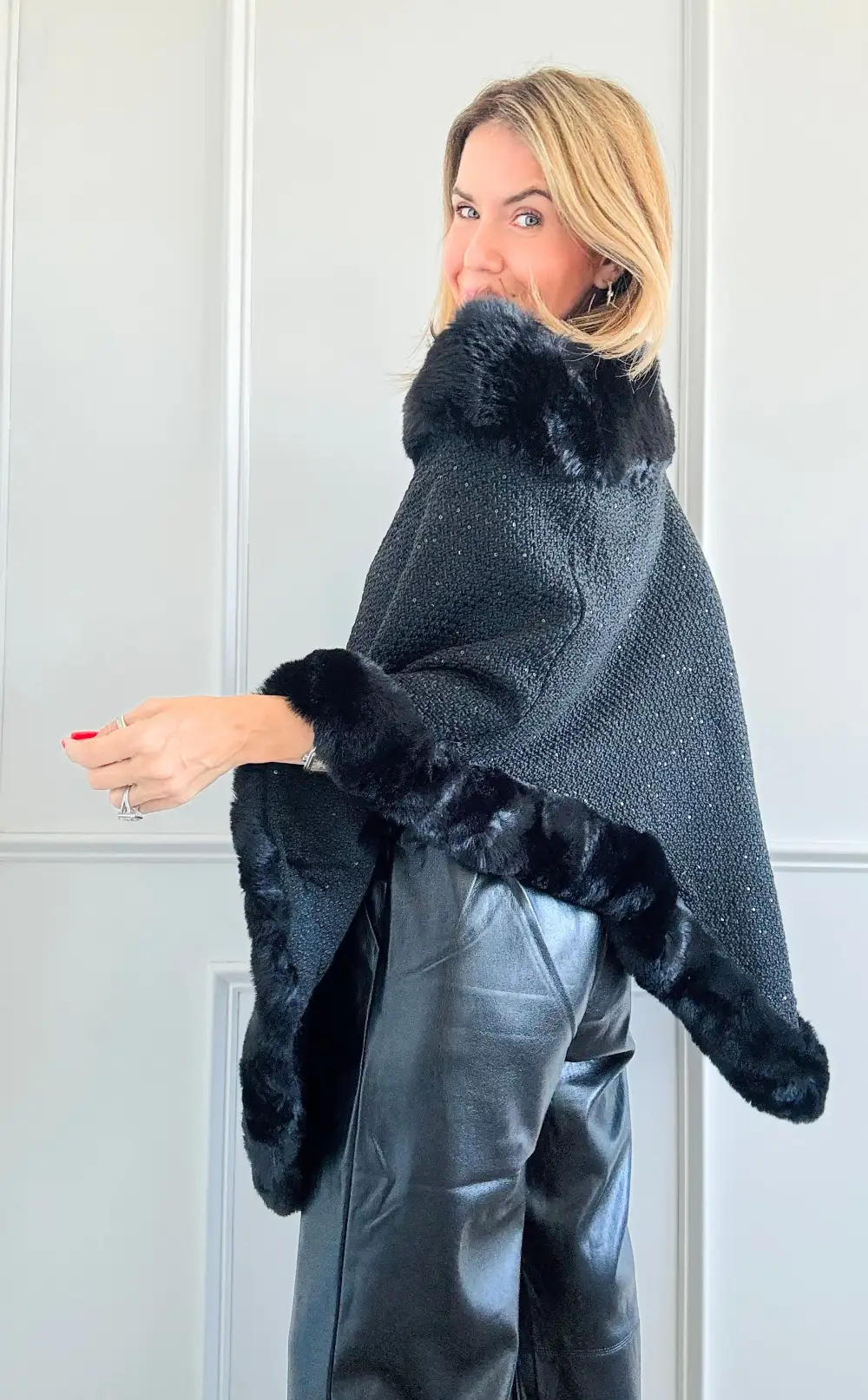 Midnight Glam Faux Fur Poncho - Black