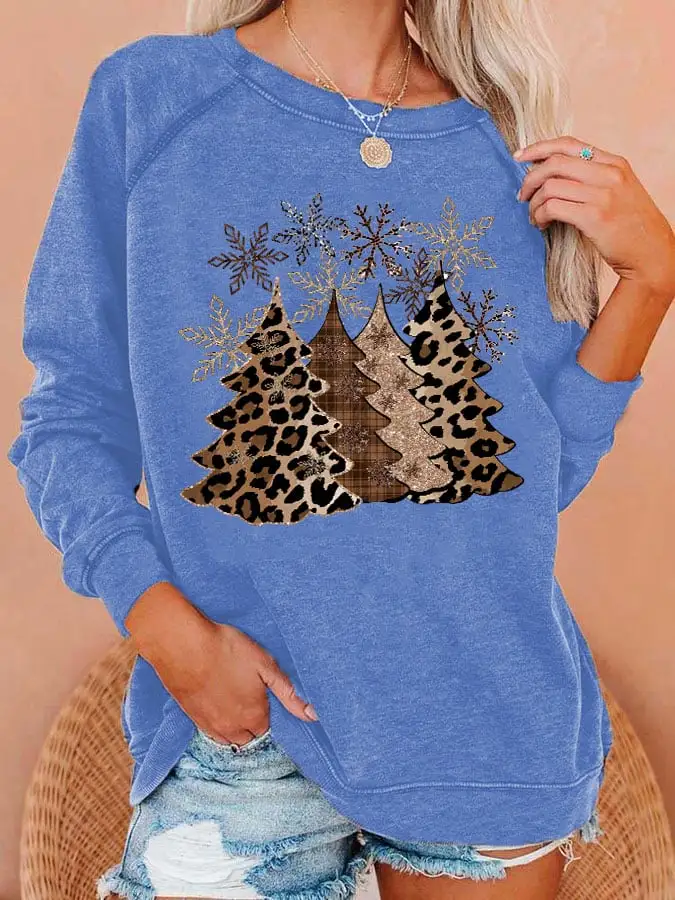 Women's Leopard   Tree Print Casual Crewneck Sweatshirt