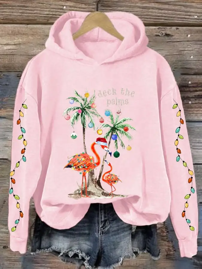 Women's Christmas Deck The Palms Print Hooded Sweatshirt