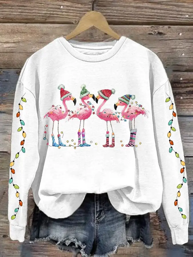 Women's Christmas Flamingo Print Crewneck Sweatshirt