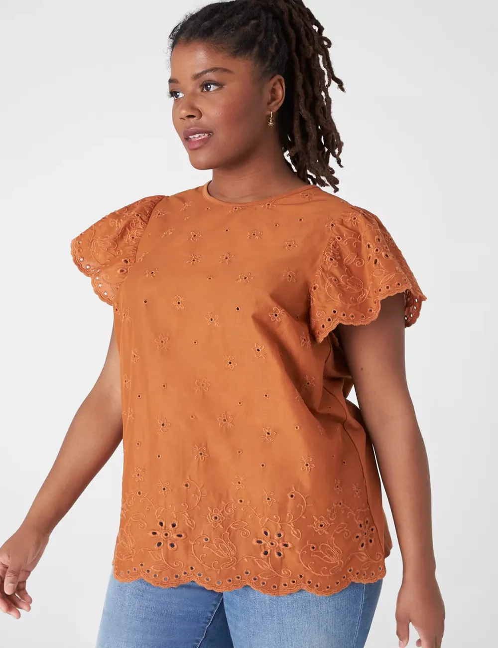 Flutter-Sleeve Woven Eyelet & Knit Top