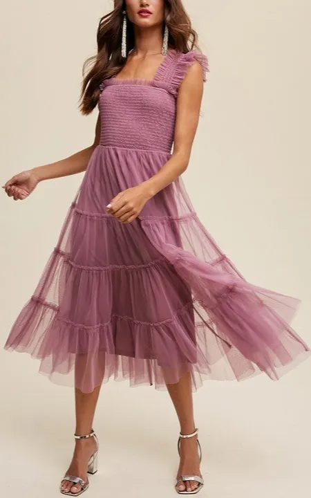 Smocked Ruffle Tiered Mesh Midi Maxi Dress