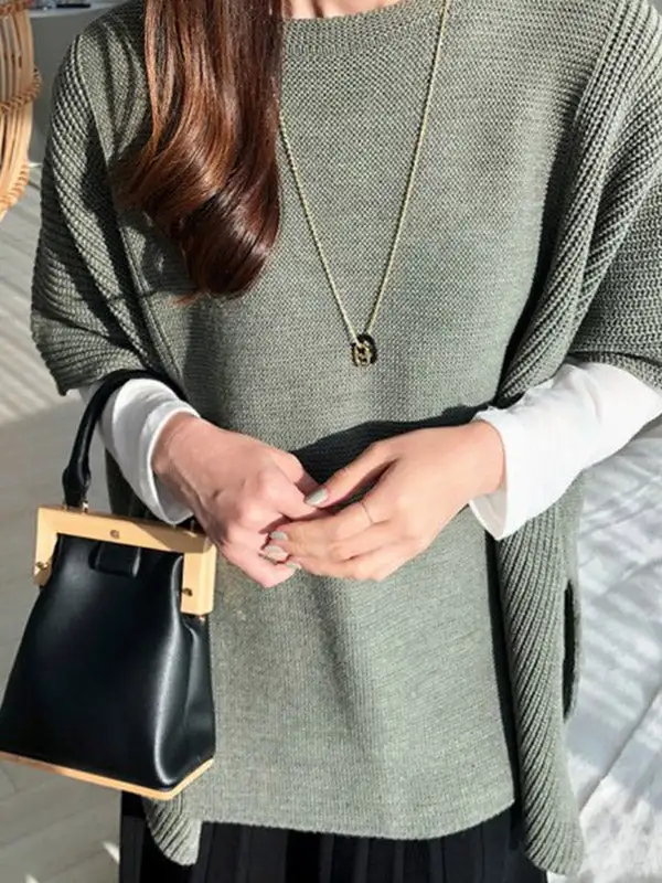 Casual Solid Color Round-Neck Half Sleeves Knitted Sweater Cape Top