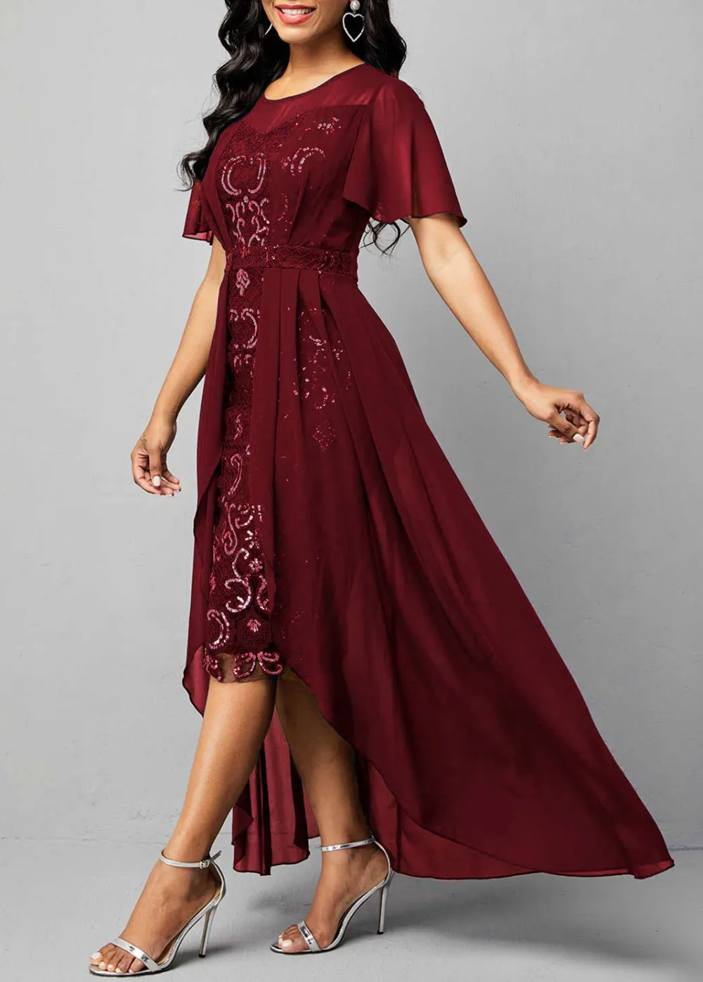 Sequin Embroidered Chiffon Round Neck Dress